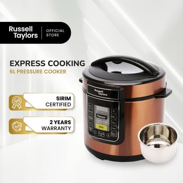 Russell Taylors 6L Express Cooking Pressure Cooker in copper finish with digital display, SIRIM certified, 2-year warranty, includes stainless steel inner pot.