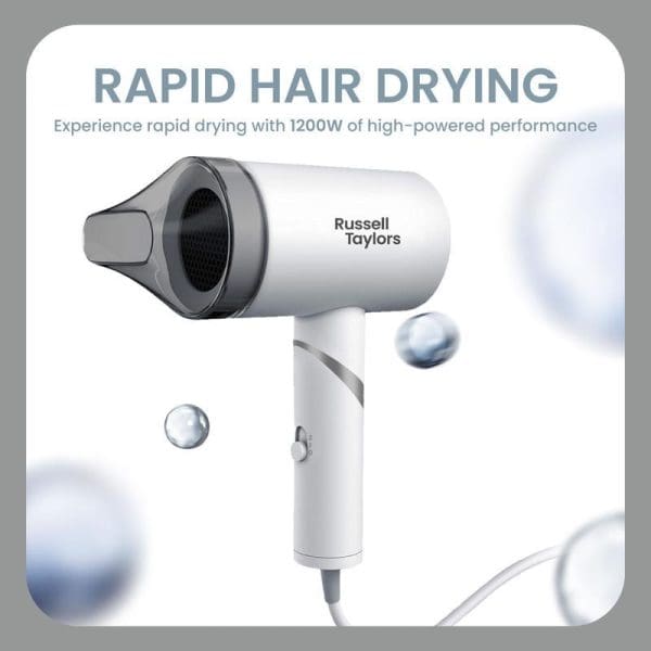Russell Taylors HD1 Foldable Travel Hair Dryer 1200W in white and gray with rapid drying technology promotional image on light background.