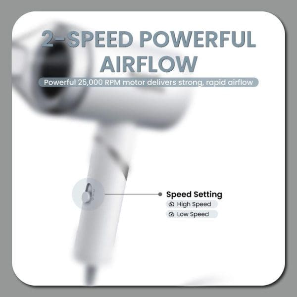 Russell Taylors Foldable Travel Hair Dryer HD1 with 2-speed powerful airflow, 25,000 RPM motor, high and low speed settings, 1200W power for rapid drying.