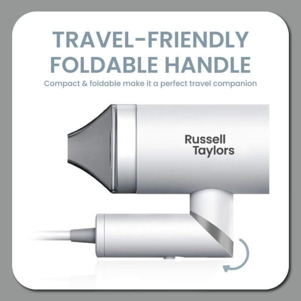 Russell Taylors HD1 1200W foldable travel hair dryer with compact folding handle design, featuring silver/white color scheme and travel-friendly portable construction.