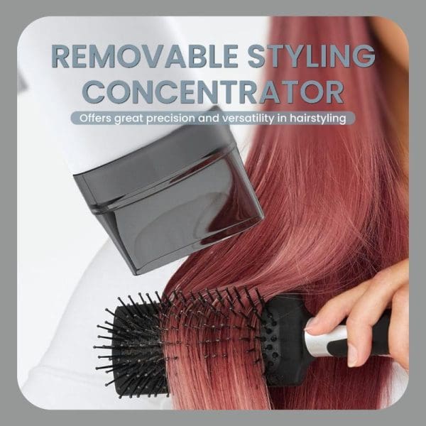 Russell Taylors HD1 foldable travel hair dryer with removable styling concentrator attachment being used on red hair, showing precision hairstyling capability.
