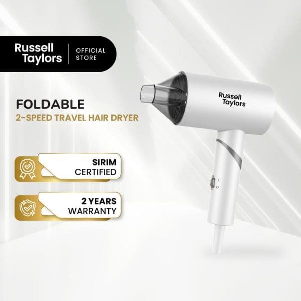 Russell Taylors white foldable 2-speed travel hair dryer with black nozzle, featuring SIRIM certification and 2-year warranty badges on white background.