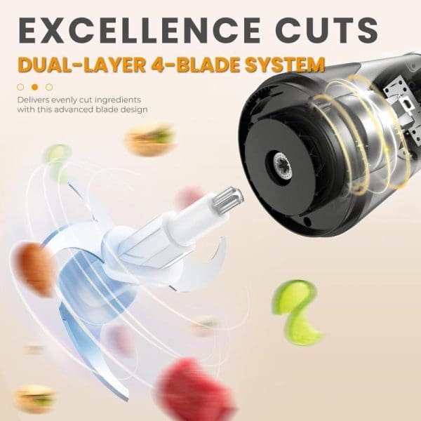 Russell Taylors FC1 Food Chopper with dual-layer 4-blade system cutting colorful ingredients in transparent glass bowl, showing advanced blade design technology.
