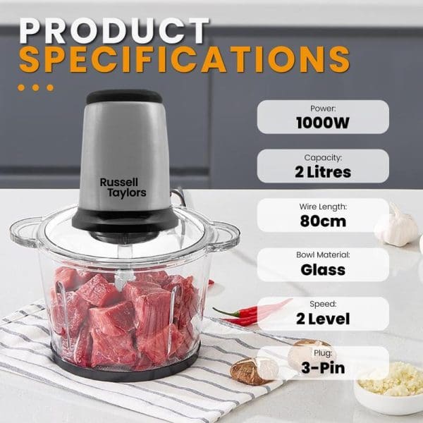 Russell Taylors FC1 Food Chopper with 2L glass bowl containing raw meat, showing product specifications: 1000W power, 2-level speed, 80cm wire, 3-pin plug.