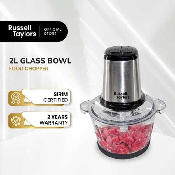 Russell Taylors 2L Glass Bowl Food Chopper with stainless steel motor, SIRIM certified, 2-year warranty, shown processing red meat in clear glass container.
