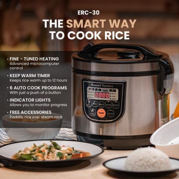 Russell Taylors ERC-30 smart rice cooker with LED display, featuring fine-tuned heating, keep warm timer, auto cook programs, and included accessories on kitchen counter.