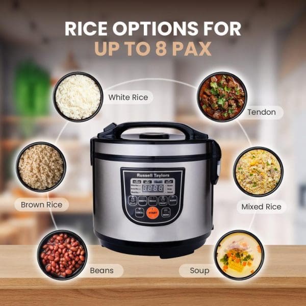 Russell Taylors 1.8L Fuzzy Logic Smart Rice Cooker with LED display showing rice cooking options including white rice, brown rice, beans, tendon, mixed rice, and soup for up to 8 people.