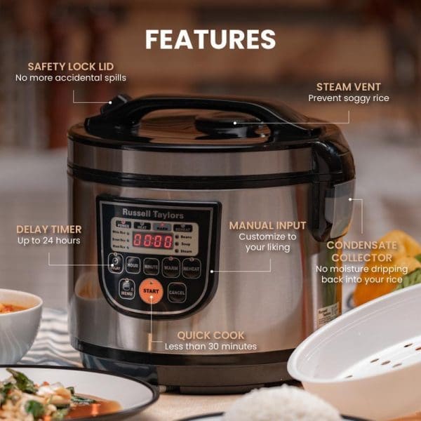 Russell Taylors 1.8L smart rice cooker with LED display showing key features: safety lock lid, steam vent, delay timer, manual input, quick cook, and condensate collector.