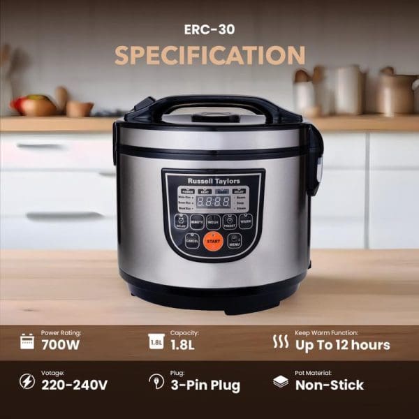 Russell Taylors ERC-30 1.8L smart rice cooker with digital display, 700W power, non-stick pot, and 12-hour keep warm function on kitchen counter.