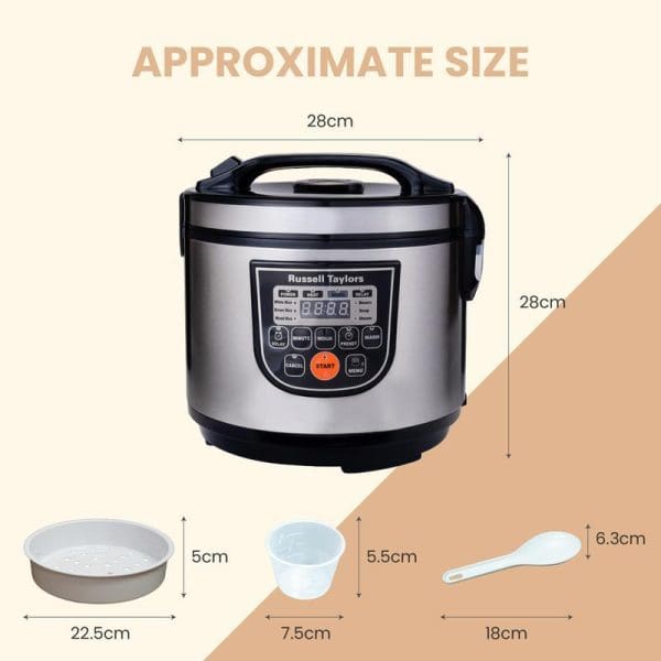 Russell Taylors 1.8L Fuzzy Logic Smart Rice Cooker with LED display, showing approximate dimensions of 28cm x 28cm, includes steam rack and measuring cup accessories.