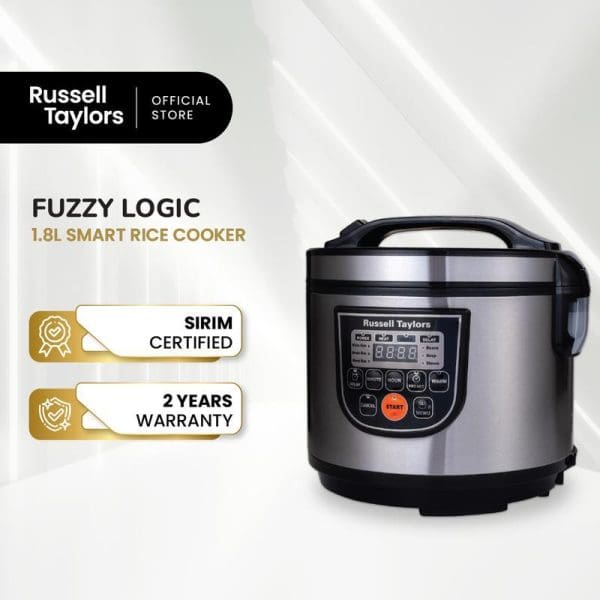 Russell Taylors 1.8L Fuzzy Logic Smart Rice Cooker with LED display, black and silver design, SIRIM certified with 2-year warranty.