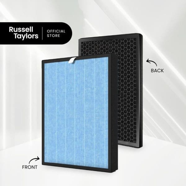 Russell Taylors H11 HEPA Filter for AP-5 Air Purifier showing blue front filter and black honeycomb back filter with official store branding.