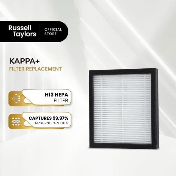 Russell Taylors KAPPA+ H13 HEPA filter replacement with black frame and white pleated filter, captures 99.97% airborne particles, official store product image.
