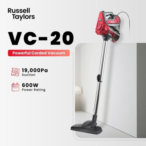 Russell Taylors VC-20 Powerful Corded Vacuum Cleaner with 19,000Pa suction and 600W power rating, red and gray handheld cyclone design displayed upright.