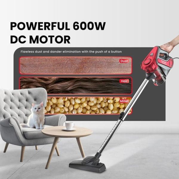 Russell Taylors VC-20 handheld cyclone vacuum cleaner with 600W DC motor, showing dust, hair, and millet cleaning capabilities in modern living room setting.