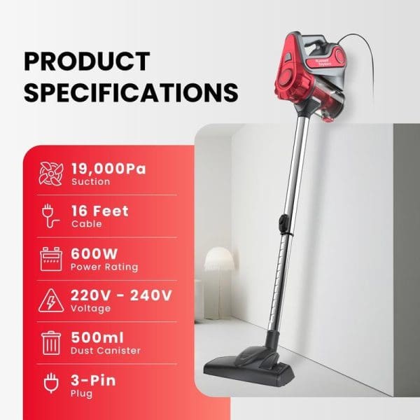 Russell Taylors VC-20 Handheld Cyclone Vacuum Cleaner with product specifications showing 19,000Pa suction, 16ft cable, 600W power, 220V-240V voltage, 500ml dust canister, 3-pin plug.