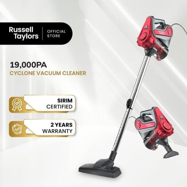 Russell Taylors VC-20 red cordless handheld cyclone vacuum cleaner with 19,000PA suction power, SIRIM certified, 2-year warranty, official store product image.