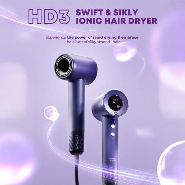 Russell Taylors HD3 Swift & Sikly Ionic Hair Dryer in purple with digital display showing 21°C, featuring two styling attachments on purple gradient background.