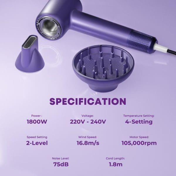Russell Taylors HD3 purple hair dryer with styling attachments and specifications showing 1800W power, 2-speed settings, and 4 temperature controls on purple background.