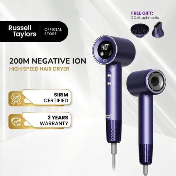 Russell Taylors 200M Negative Ion High Speed Hair Dryer in purple with digital display, SIRIM certified, 2-year warranty, includes 2 free styling attachments.