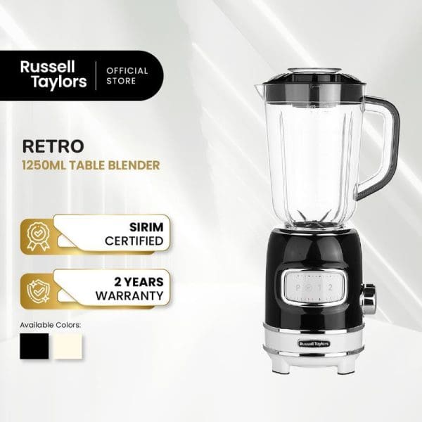 Russell Taylors Retro 1250ML Table Blender in black with glass pitcher, featuring SIRIM certification, 2-year warranty, and available in black or cream colors.