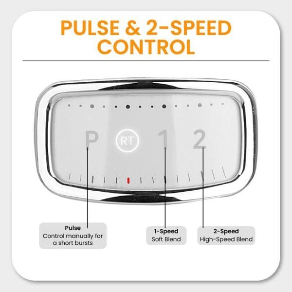 Russell Taylors High-Speed Retro Blender control panel showing pulse and 2-speed settings with P, RT, 1, and 2 options for manual blending control.
