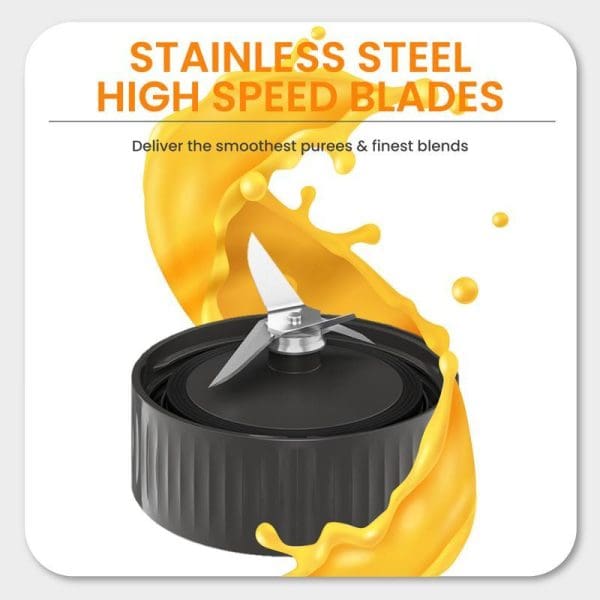 Russell Taylors High-Speed Retro Blender TB1 with stainless steel blades and orange splash effect, featuring 1.25L capacity for smooth purees and blends.