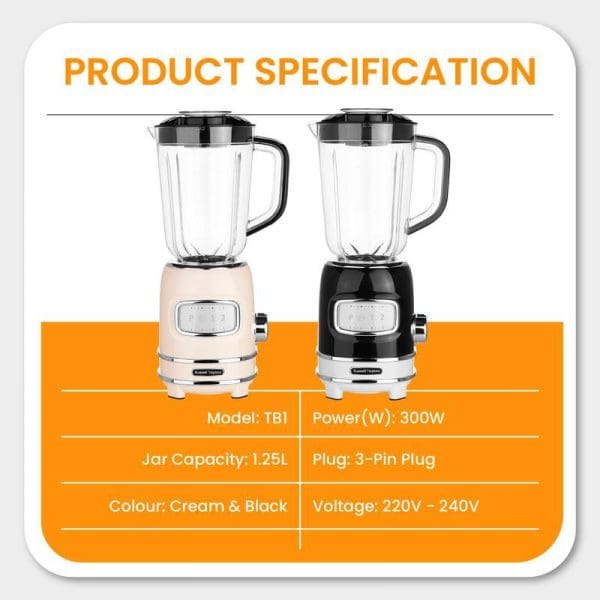 Russell Taylors High-Speed Retro Blender TB1 product specification showing two 1.25L blenders in cream and black colors with 300W power and technical details.