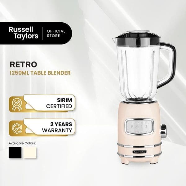 Russell Taylors Retro 1250ML Table Blender in cream color with glass pitcher, featuring SIRIM certification, 2-year warranty, and available in black and cream colors.