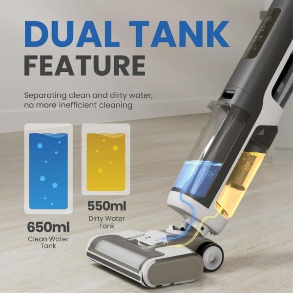 Russell Taylors iClean V10 cordless floor washer vacuum with dual tank feature showing 650ml clean water tank and 550ml dirty water tank separation system.