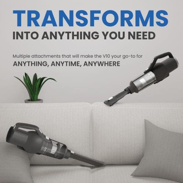Russell Taylors iClean V10 cordless vacuum cleaner with multiple attachments shown cleaning couch and floor, transforming into anything you need for versatile home cleaning.