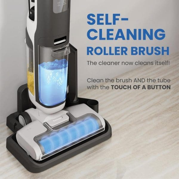 Russell Taylors iClean V10 cordless floor washer vacuum with self-cleaning roller brush feature, showing blue cleaning solution in tank and brush head on wooden floor.