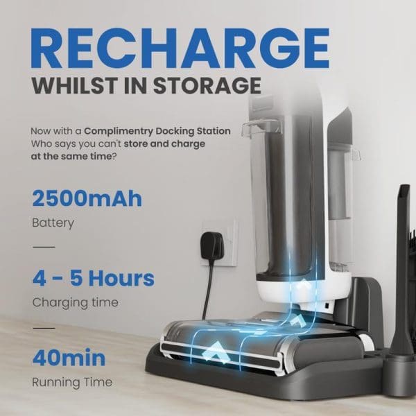 Russell Taylors iClean V10 cordless floor washer vacuum with 2500mAh battery, 4-5 hour charging time, 40 minute runtime, and complimentary docking station for storage.