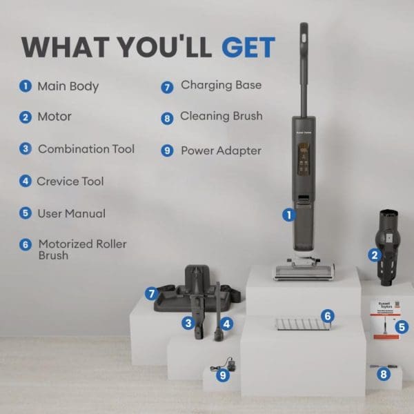 Russell Taylors iClean V10 cordless floor washer vacuum cleaner components displayed with numbered labels showing main body, motor, tools, charging base, and accessories included.