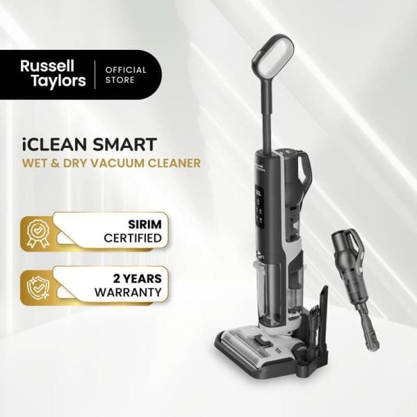 Russell Taylors iClean Smart Wet & Dry Vacuum Cleaner with LED display, charging dock, and accessories. SIRIM certified with 2-year warranty from official store.