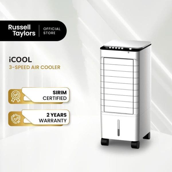 Russell Taylors iCool 3-speed air cooler in white with black top, featuring SIRIM certification, 2-year warranty, mobile wheels, and digital display panel.