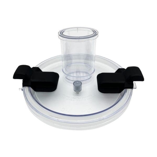 Russell Taylors iMix Food Processor clear plastic lid with black locking clips and central feed tube for ingredients processing.