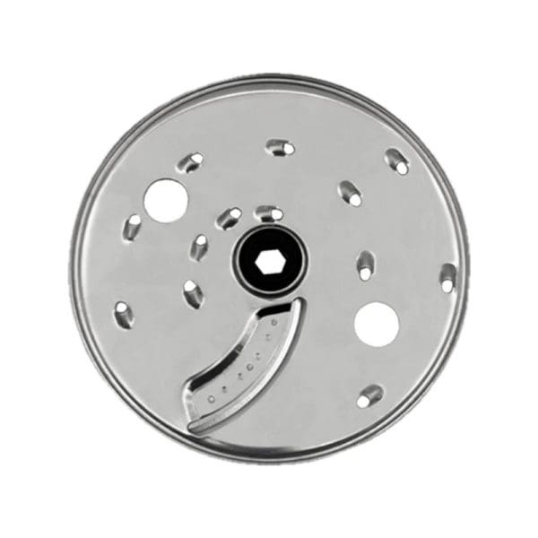Russell Taylors iMix Food Processor stainless steel disc blade with multiple cutting holes and central hexagonal drive shaft for food processing.
