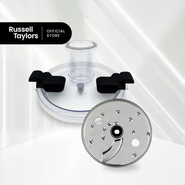 Russell Taylors iMix Food Processor replacement parts set including clear plastic bowl cover with black handles, slicing disc blade, and small measuring cup.