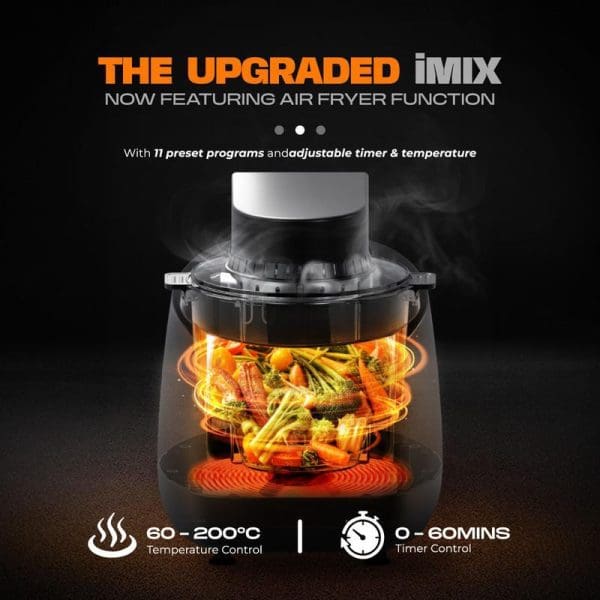 Russell Taylors iMix Pro Smart Cooker with air fryer function featuring 11 preset programs, adjustable timer and temperature control 60-200°C, 0-60 minutes.