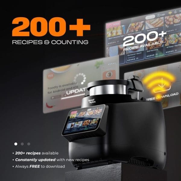 Russell Taylors iMix Pro Smart Cooker with digital display showing 200+ available recipes, featuring air fryer functionality and automatic cooking capabilities for modern kitchen convenience.