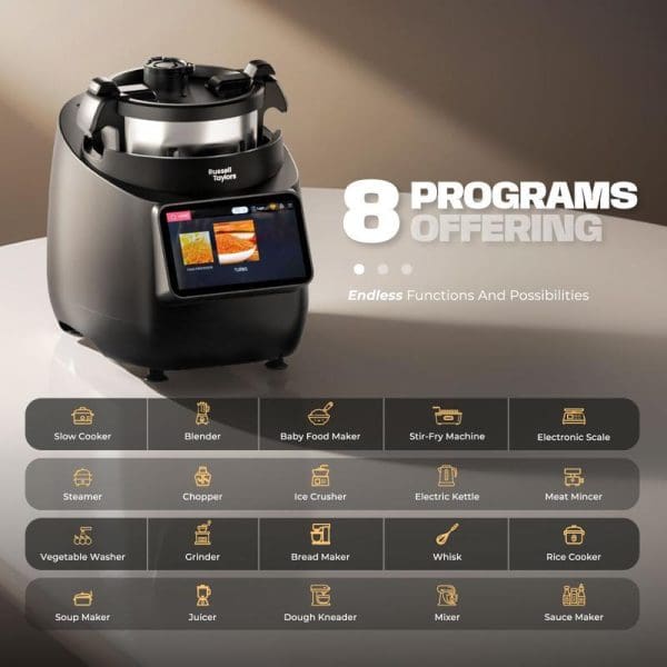 Russell Taylors iMix Pro Smart Cooker with touchscreen display showing 8 programs and 20 kitchen appliance functions including slow cooker, blender, steamer, and air fryer.