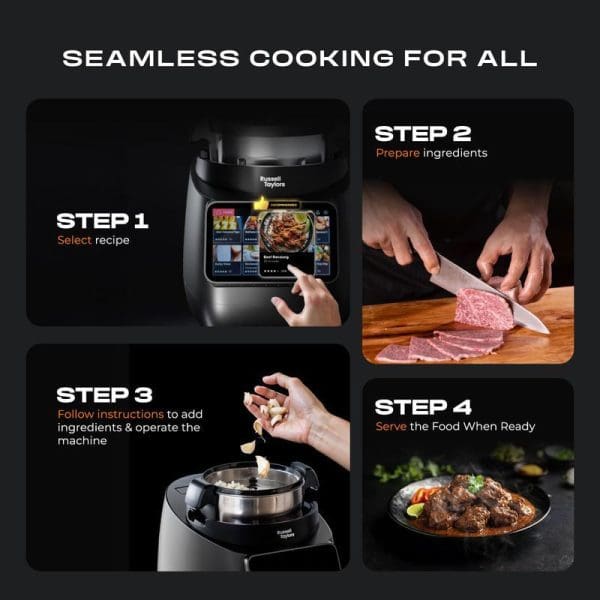 Russell Taylors iMix Pro Smart Cooker with Air Fryer showing 4-step cooking process: recipe selection, ingredient preparation, following instructions, and serving finished meal.