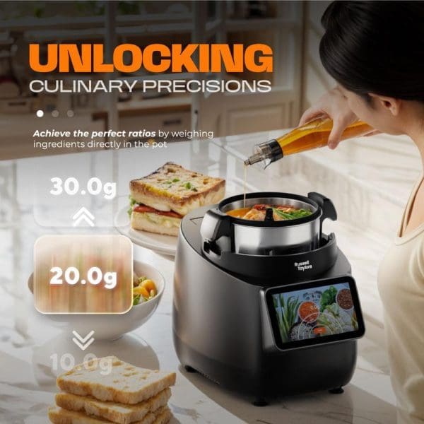 Russell Taylors iMix Pro Smart Cooker with touchscreen display, showing precision weighing feature with ingredient measurements of 30.0g, 20.0g, and 10.0g for culinary accuracy.
