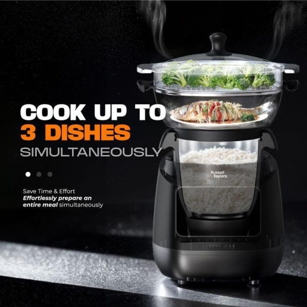 Russell Taylors iMix Pro Smart Cooker with three-tier steaming system cooking vegetables, fish, and rice simultaneously, featuring air fryer and automatic cooking capabilities.
