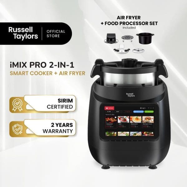 Russell Taylors iMIX PRO 2-in-1 Smart Cooker and Air Fryer with touchscreen display, food processor accessories, SIRIM certified, 2-year warranty included.