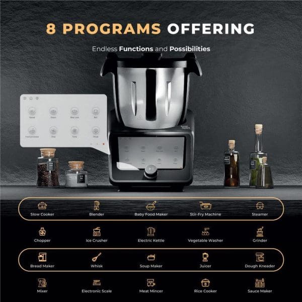 Russell Taylors iMix Smart Cooker i5 with stainless steel bowl, digital display, and infographic showing 8 programs with 20 kitchen appliance functions including blender, steamer, bread maker.