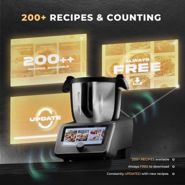 Russell Taylors iMix Smart Cooker i5 with digital display showing 200+ available recipes, WiFi connectivity, and automatic cooking features for modern kitchen convenience.