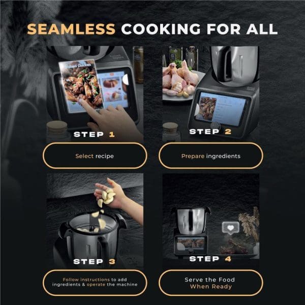 Russell Taylors iMix Smart Cooker i5 four-step cooking process: select recipe, prepare ingredients, add to machine, serve food when ready.