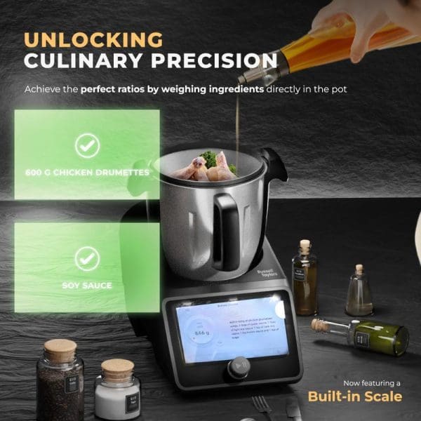 Russell Taylors iMix Smart Cooker with built-in scale, digital display showing weight measurements, cooking chicken drumettes with soy sauce for precise culinary results.